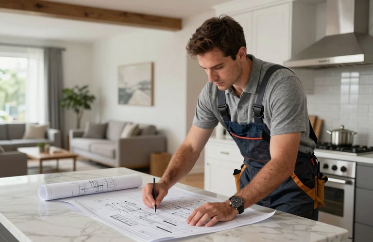 A professional remodeler in neat work attire reviewing a blueprint on a kitchen island. The background shows a beautifully finished, modern open-concept North American living space.