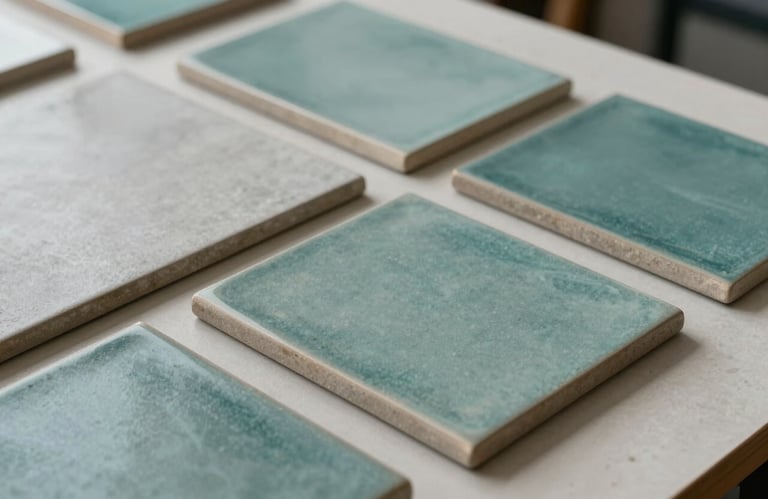 An artistic composition of high-end ceramic tile samples in muted teal and light grey, arranged neatly on a designer's table. Sharp focus on textures and edges.