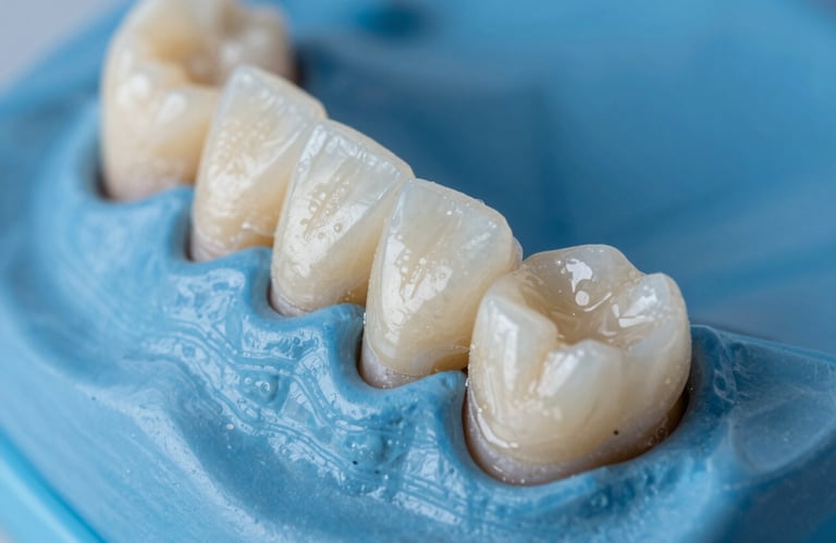 Macro shot of high-quality dental ceramic implants on a sterile, clinical blue surface, highlighting durability and modern tech.