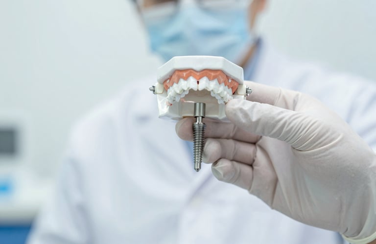 Close up of an expert dentist's gloved hand holding a high-precision implant model, shot in professional lighting against a clean white and light blue background.