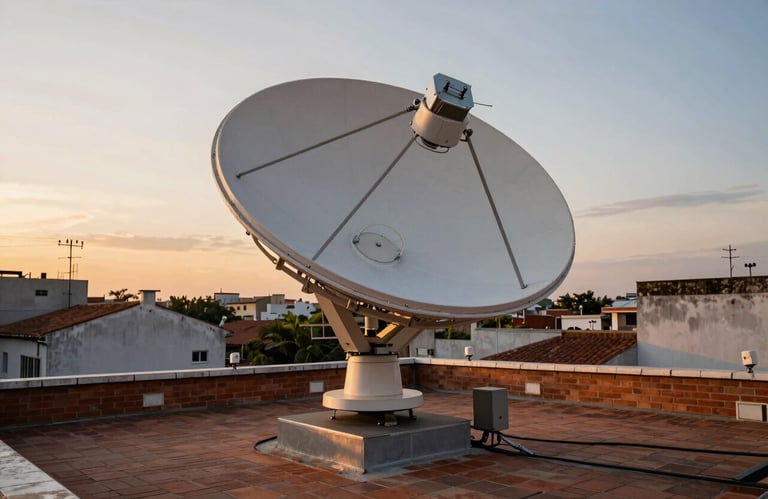 A professional installation of a satellite antenna on a brick rooftop in Brazil, sunset lighting, wide shot showing technical precision.
