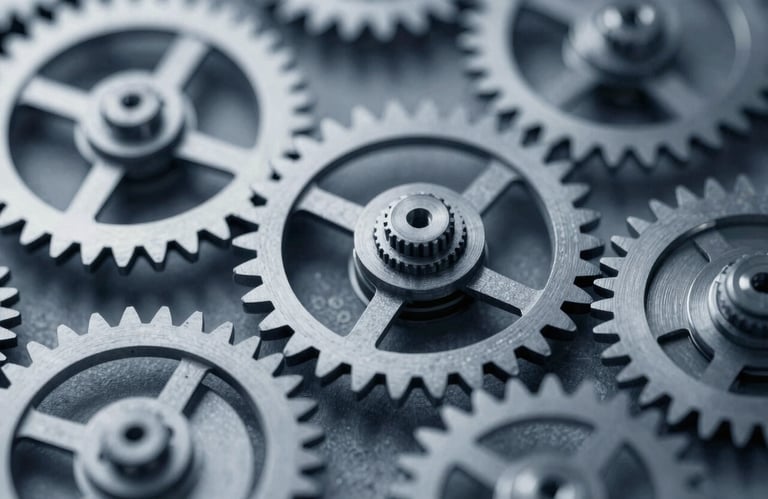 A close-up of high-end mechanical gears or a clockwork system representing precision and scaling systems, in #0A111F and #33415C.