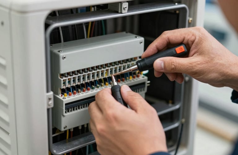 Close-up of a technician's hands using professional tools to test electrical components inside an air handler. North American / US setting.