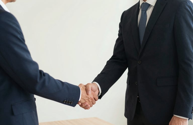 Two business professionals in elegant attire shaking hands in a bright meeting room with soft off-white walls.