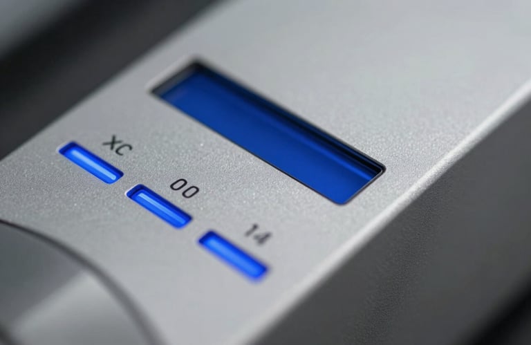 Macro photography of a technical interface with electric blue status lights and clean, light grey metallic finishes.