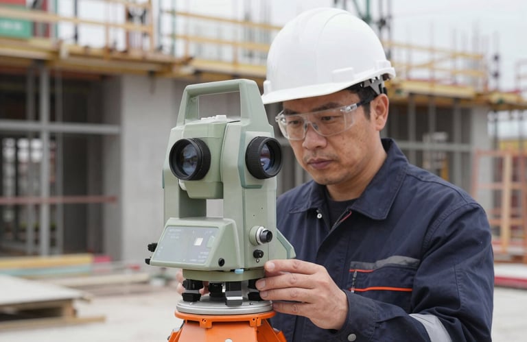 A professional engineer using a light grey total station on a construction site. The lighting is crisp, emphasizing the technical precision of the dark navy blue and vibrant orange equipment.