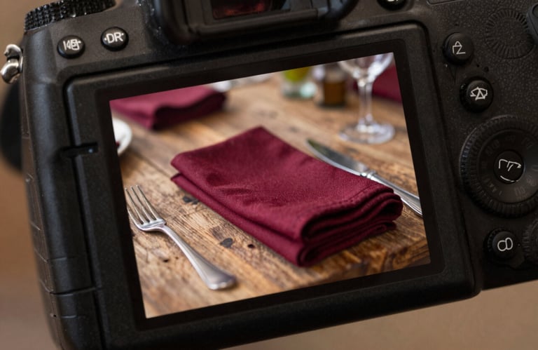 Close-up of a professional camera screen displaying a vibrant photo of a rustic dinner table with deep ripe crimson napkins. North American studio background.