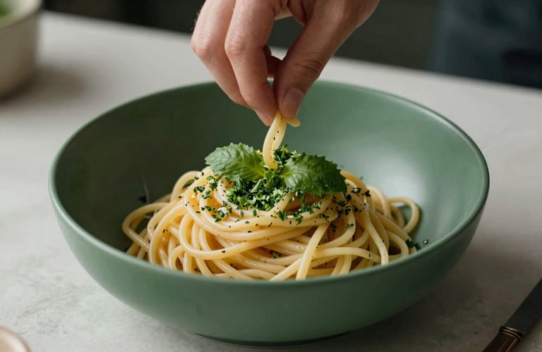 Action shot of a hand styling a bowl of pasta with fresh herbs, ready for a photo shoot. Matte forest green and crisp parchment tones dominate.