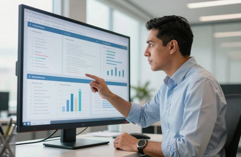 A Latin American academic professional in a bright, modern office space, focused on analyzing information on a large screen, clean composition.