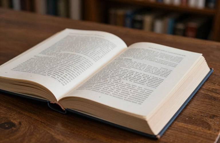 A close-up of an open academic book on a dark wooden table in a Latin American university library, emphasizing study and serious reflection.