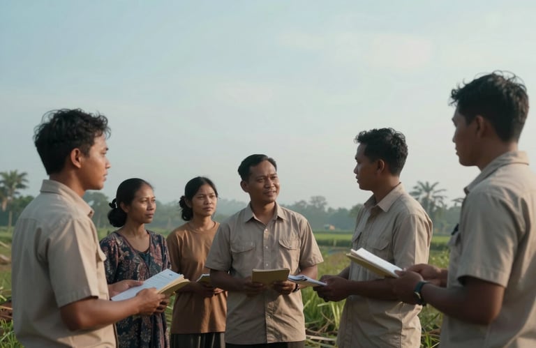 A group of Southeast Asian / Indonesian volunteers interacting with a community in a rural setting, embodying the spirit of service, soft sky blue and pale mist white tones.