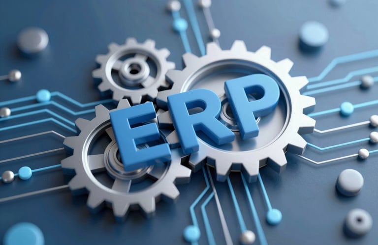 A sleek 3D illustration of gears and digital circuits interlocking, representing technical and functional harmony in ERP consulting, utilizing #2B6777 and #ADC6CC.