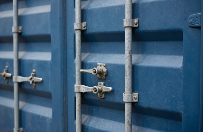 A detailed shot of a heavy-duty industrial shipping container lock, emphasizing security and reliability. The metal has a clean, matte finish against a deep blue container wall in a bright Indian port setting.