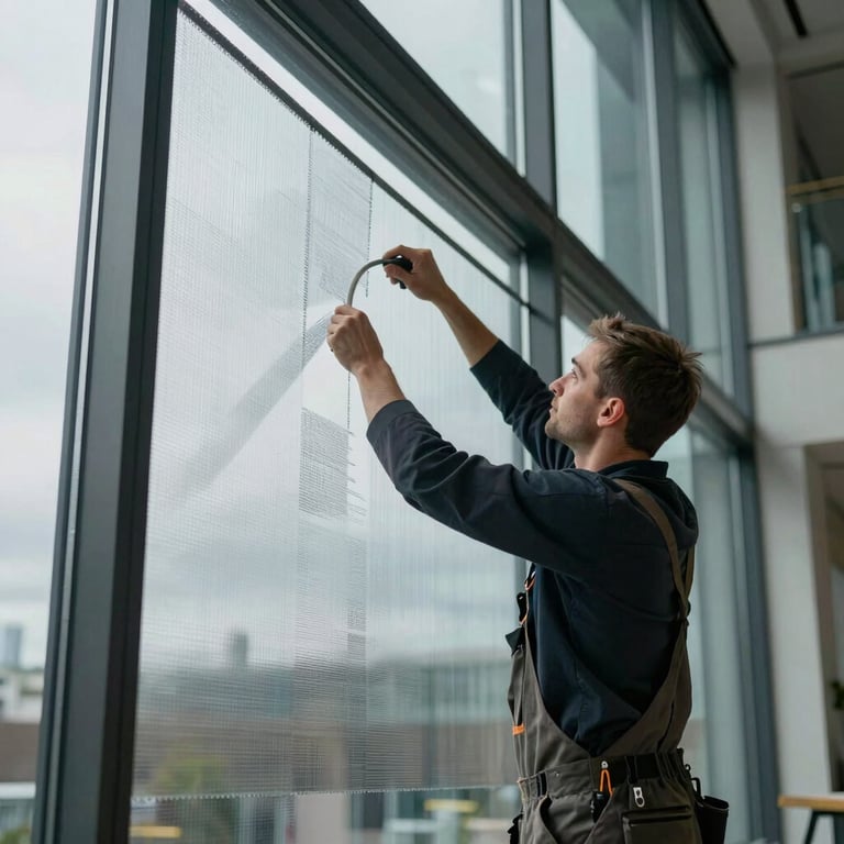 A professional installer applying architectural privacy film to a large glass window in a modern Dutch office building, focused composition.