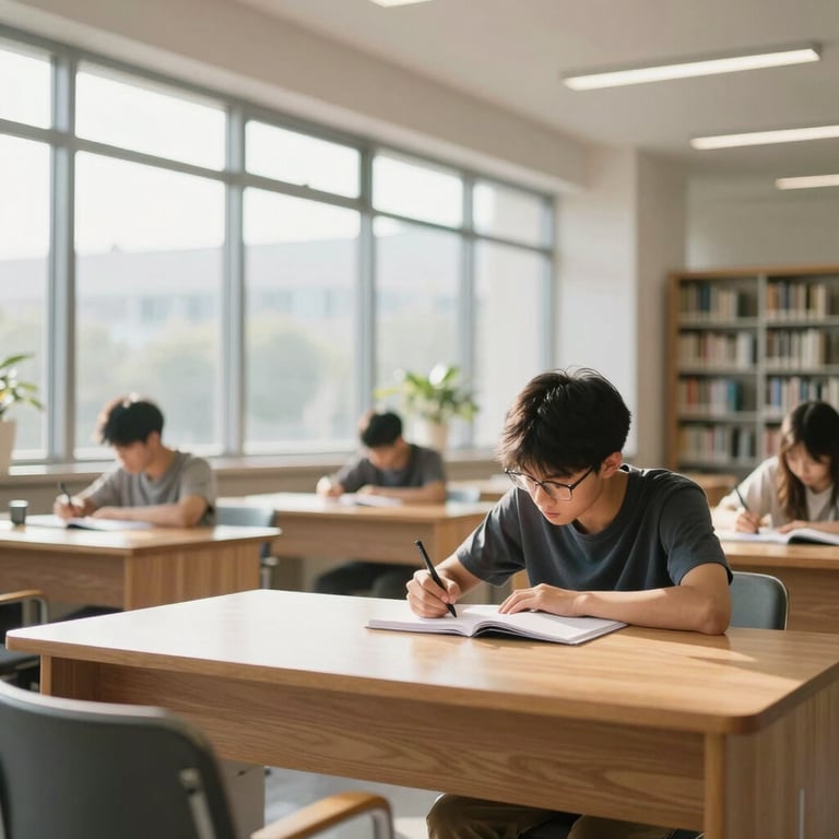 A clean modern library with soft morning sun filtering through tall windows, a student writing on a clean oak desk, shallow depth of field, 35mm editorial photography.