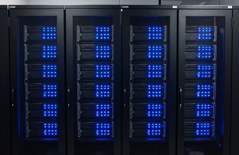 Symmetrical shot of a state-of-the-art server room in a US data center, with glowing Deep Blue and Sky Blue indicator lights, reflecting clean and innovative technology.