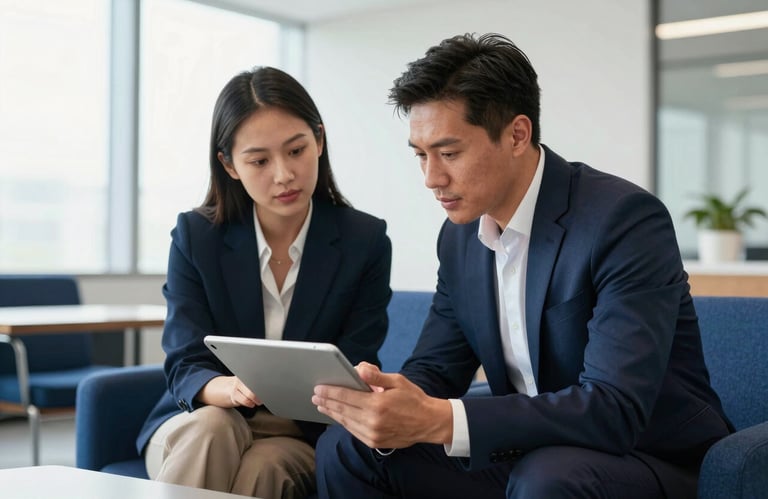 Two business professionals collaborating over a tablet in a bright North American conference room with modern furniture and Deep Blue accents.