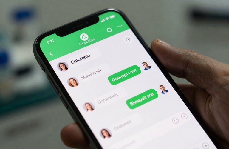 A high-quality close-up of a smartphone screen displaying a vibrant green and white medical chat interface in a professional Colombian clinic setting.