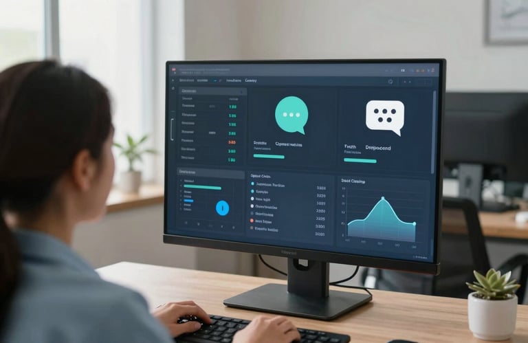 A professional medical dashboard showing digital health stats and chat icons in a bright, airy South American office environment.