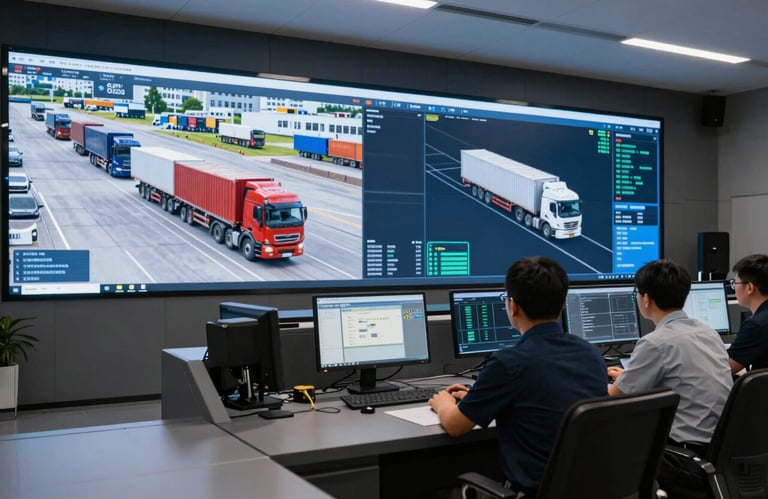 A modern logistics control room, professional dispatchers monitoring digital tracking maps of heavy transport fleets, dark blue and light blue grey lighting.