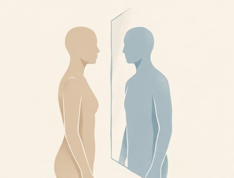 Minimal illustration of a human figure facing a distorted reflection, representing self-perception and identity
