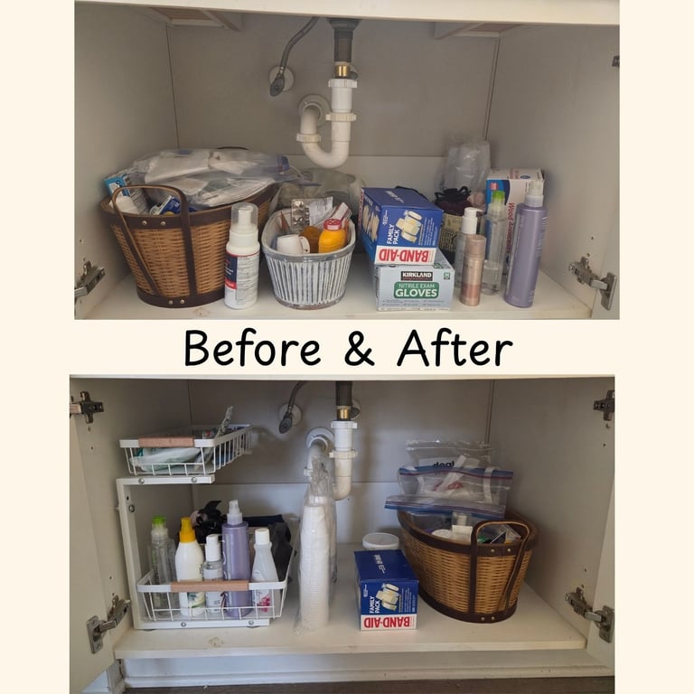 Before and after bathroom cabinet organization