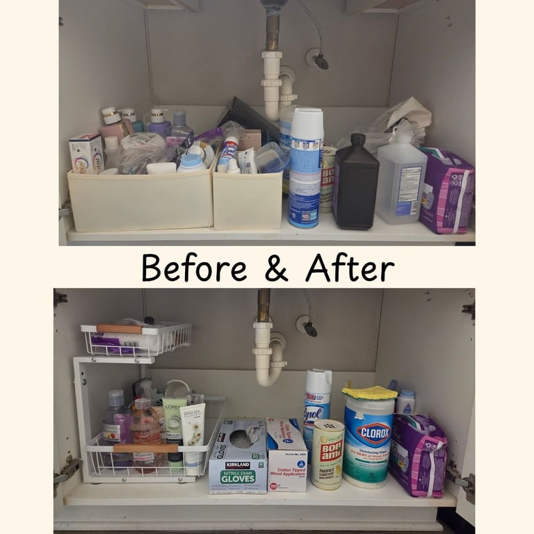Before and after bathroom cabinet organization