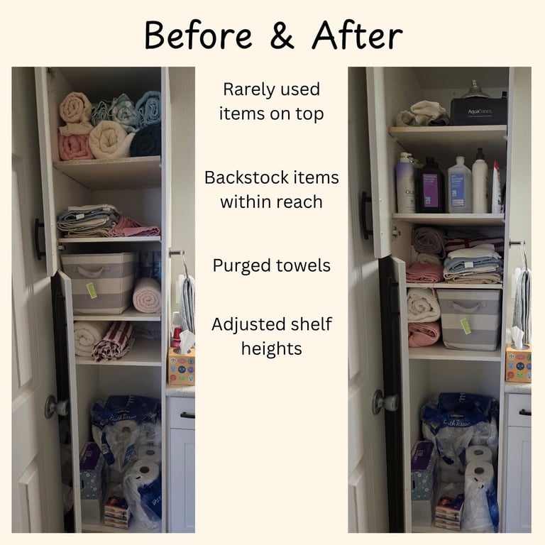 Before and after bathroom cabinet organization