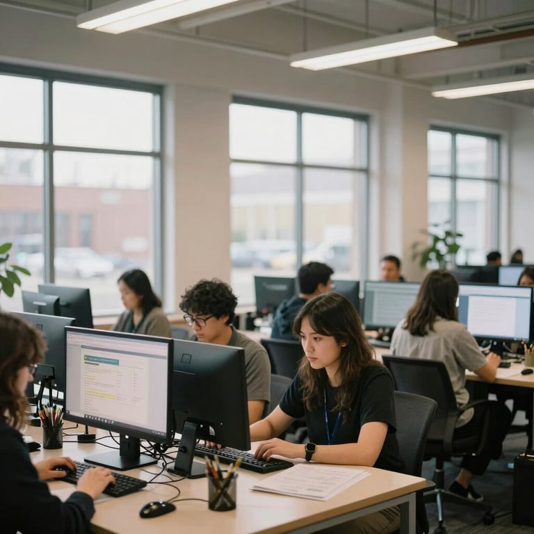 A bright and airy North American co-working space with large windows, where people are focused on their screens, collaborating on community projects.