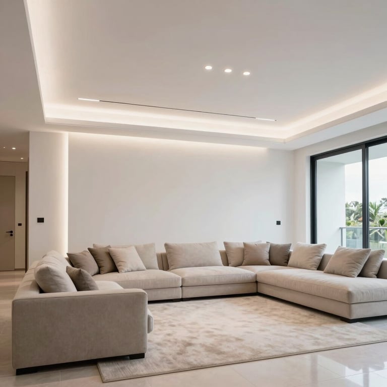 A bright, modern Florida living room with expertly installed recessed LED lighting and perfectly straight architectural lines. Minimalist and clean.