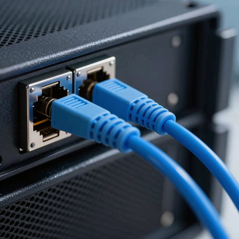 A clean, sharp macro photograph of a high-speed fiber optic cable glowing with vivid sky blue light, connected into a polished server port. High-tech North American laboratory setting.