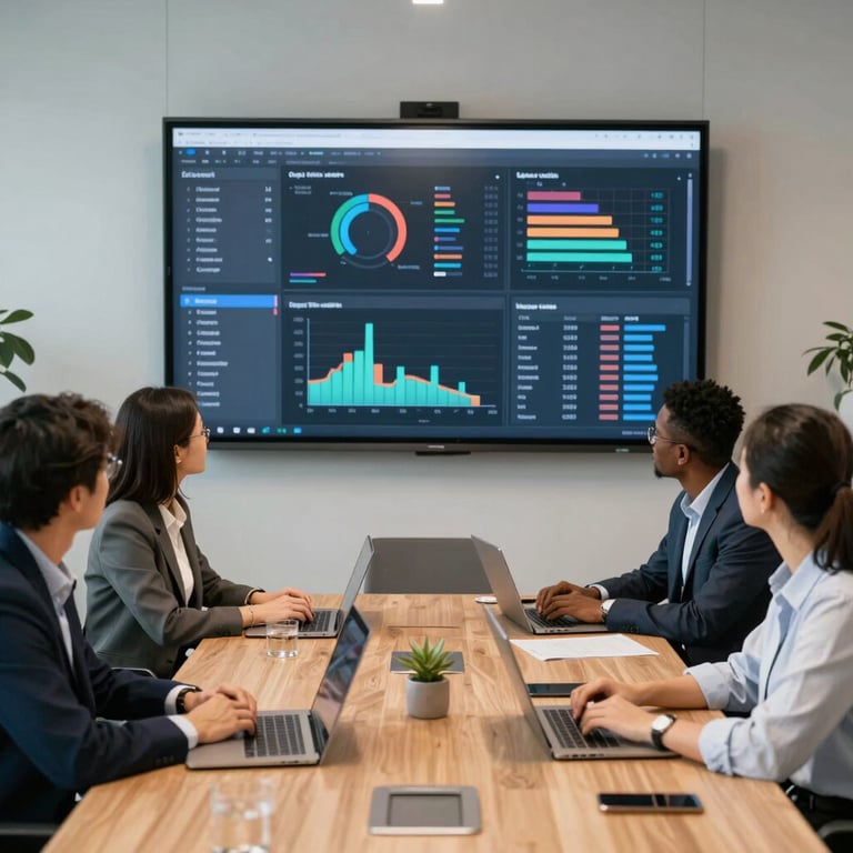 A diverse professional team in a modern North American boardroom, collaborating over a large screen displaying complex software performance metrics and graphs.