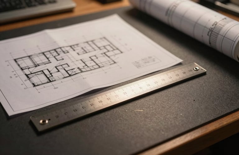 Macro shot of architectural blueprints and a professional ruler on a dark charcoal drafting table with focused, warm desk lighting.