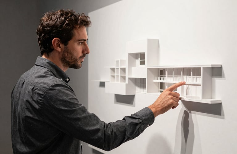 A side profile photograph of architect Alex Sandro in a professional dark grey shirt, reviewing a white 3D architectural model.