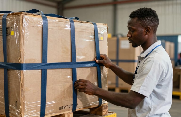 A professional logistics agent in a West African / Ghanaian facility inspecting a well-secured cargo pallet with navy blue straps.