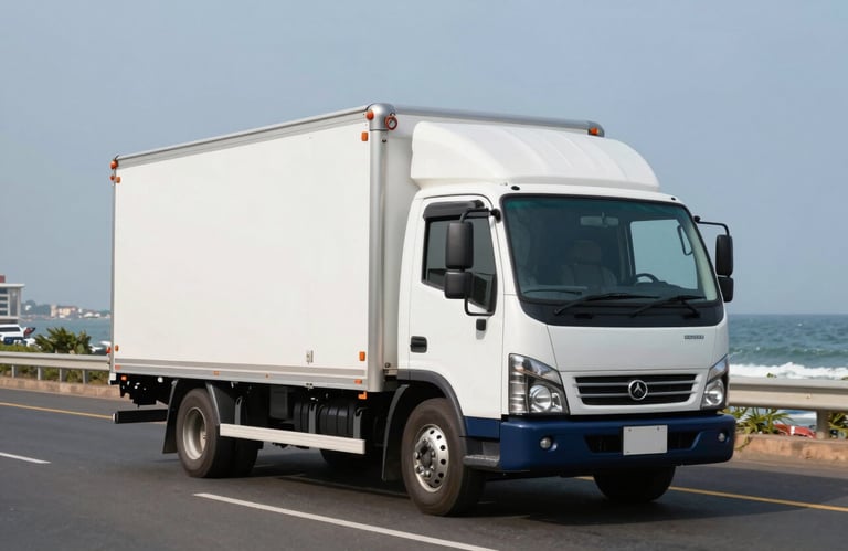 A sleek white delivery truck with navy blue accents driving along a coastal road in a West African / Ghanaian city.