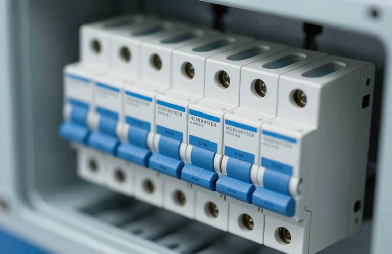 Detailed view of high-end international electrical components (breakers and sensors) installed on a DIN rail. Precision focus and clean lighting, using #A8C8E4 and #2E5D8B tones.