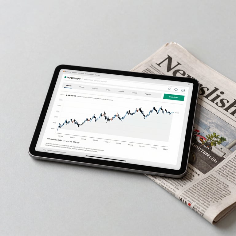 A minimalist, clean desktop scene with a tablet displaying financial growth charts and a professional British newspaper, emphasizing innovation.