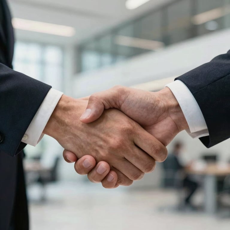 A close-up of a professional handshake between two business partners in a modern corporate setting in the United Kingdom, symbolizing trust and reliability.