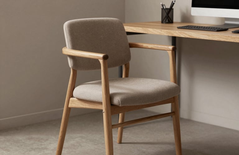 Ergonomic furniture design photography featuring a minimalist chair in a stylish home office setting in South America. Muted taupe tones and natural wood textures.
