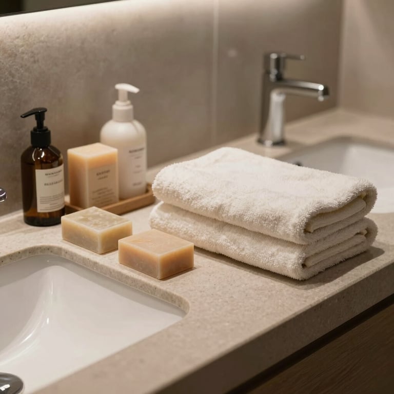 Professional hospitality detail shot of a clean, minimalist hotel bathroom with stone surfaces, organic soaps, and neatly folded off-white towels.