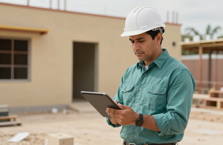 A professional construction manager in a North American / Mexican / Yucatán setting, holding a tablet and overseeing a project. The background shows a clean, organized site with a palette of warm beige and muted teal.
