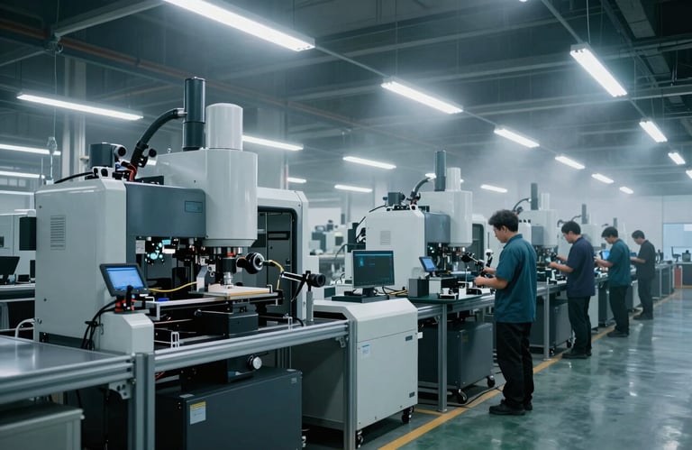 A wide shot of a high-tech, modern manufacturing facility for outdoor apparel, with precise machinery and professional technicians in a clean environment. Mist and Dark Teal color palette.