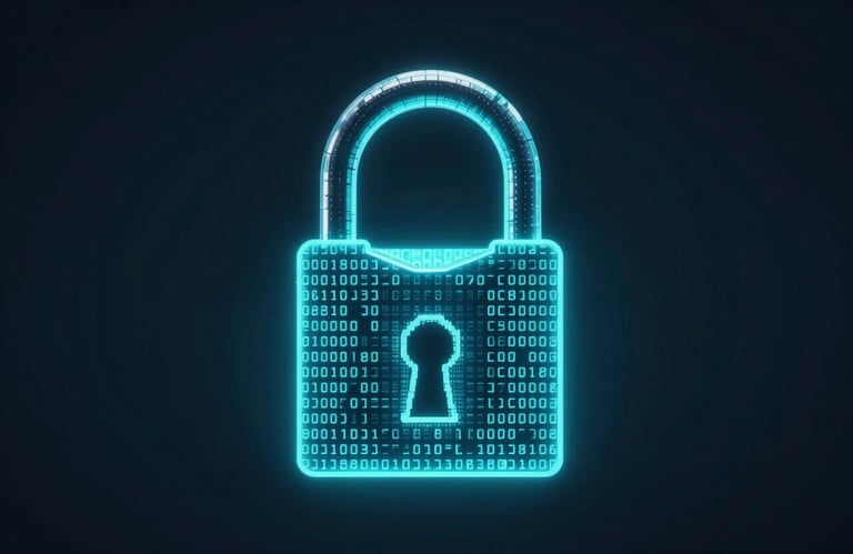 A stylized padlock made of glowing digital code, representing cybersecurity and threat protection. Dark background (#1F314C) with bright cyan accents (#00BCD4).