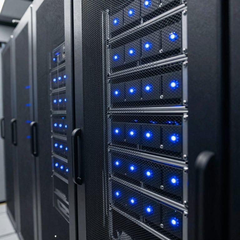 A perspective shot of high-end, modern server racks in a temperature-controlled data center. Focus is on the metallic textures and the rhythmic blue status lights along the equipment panels.