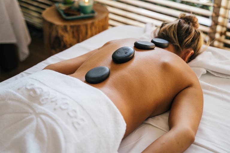 Una mujer recibe un relajante masaje con piedras calientes en un  spa de bienestar.