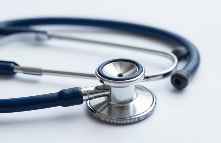 A high-quality close-up of a modern stethoscope resting on a white surface with professional lighting, using #0C212B and #EEF8F7 tones to convey medical authority.