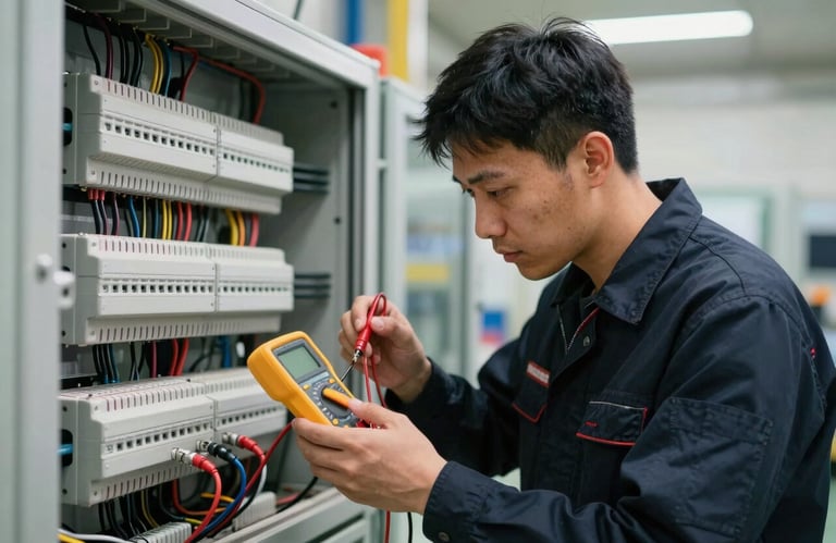 Action shot of a technician in a dark navy uniform expertly checking electrical circuits with a digital multimeter in a modern industrial facility.