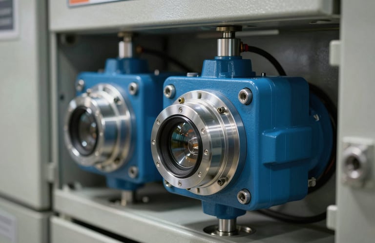 Detailed product photography of an industrial switchgear assembly, showing intricate mechanical parts in steel blue and chrome.
