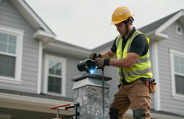 An action photograph of a skilled construction worker in safety gear properly securing flashing around a chimney on a modern US residence.